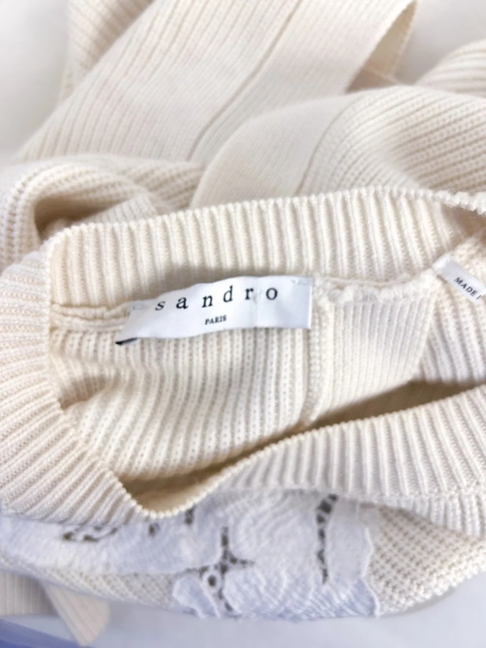 Sandro Paris Cream Rib Knit Wool Blend Sweater Lace Eyelet Panels Open Back S